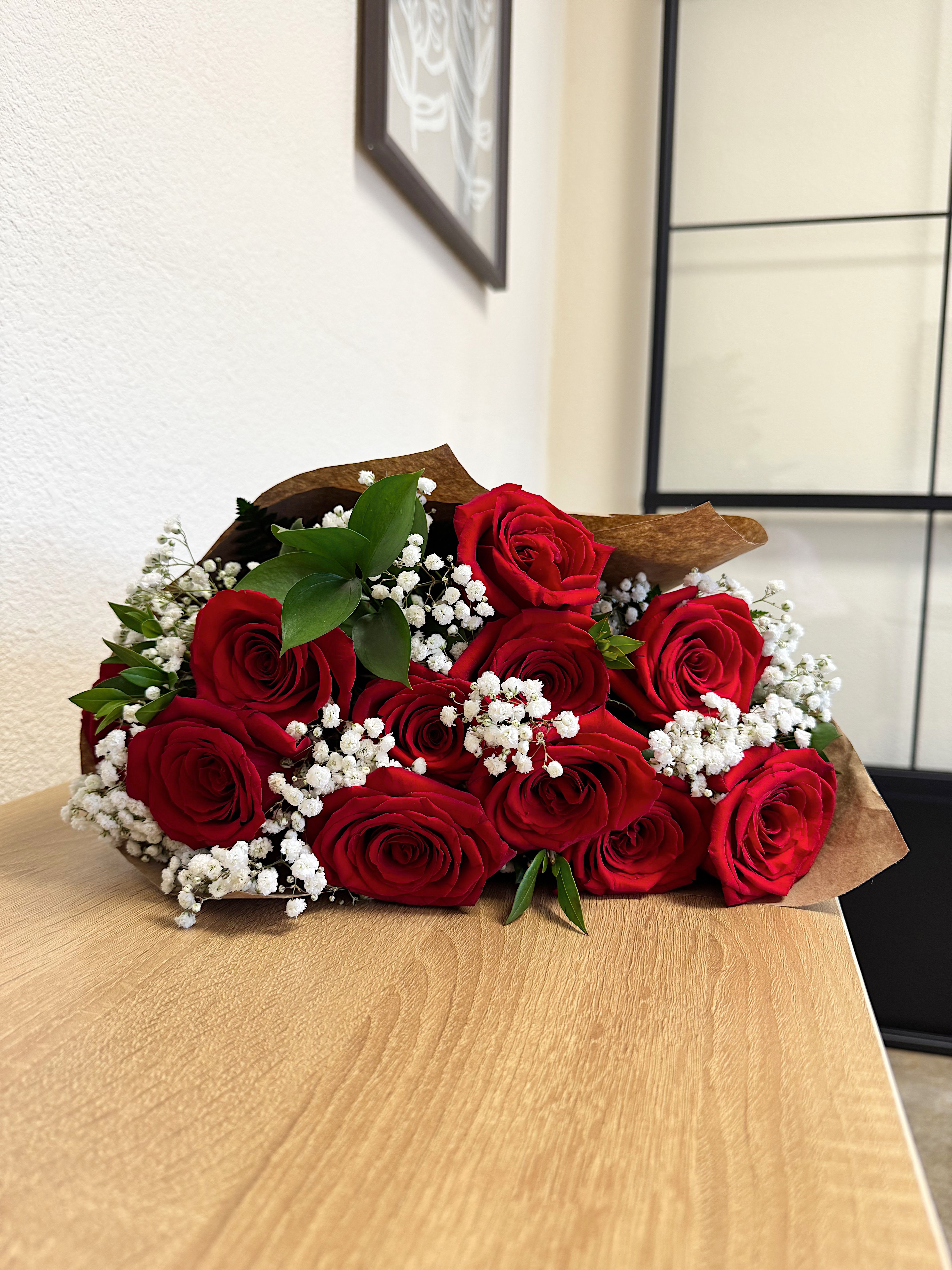 Bouquet of red roses with white baby's breath