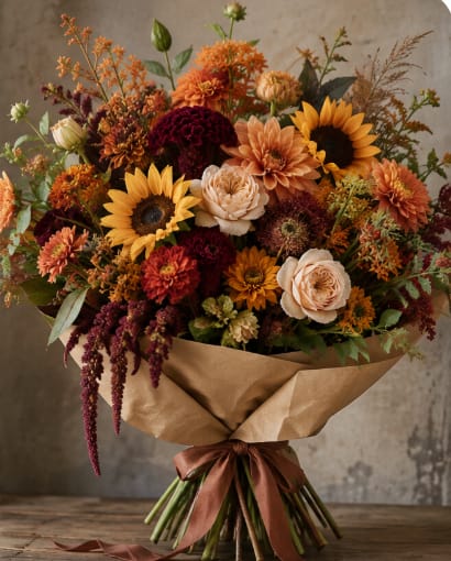 Bouquet of sunflowers, dahlias, and roses wrapped in brown paper