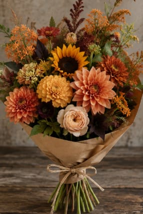 Bouquet of orange, peach, and yellow flowers wrapped in brown paper