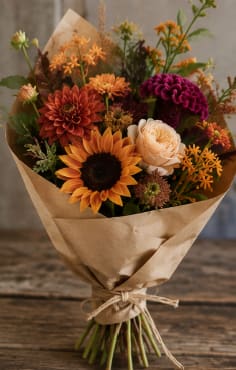 Bouquet of orange, peach, and purple flowers wrapped in kraft paper