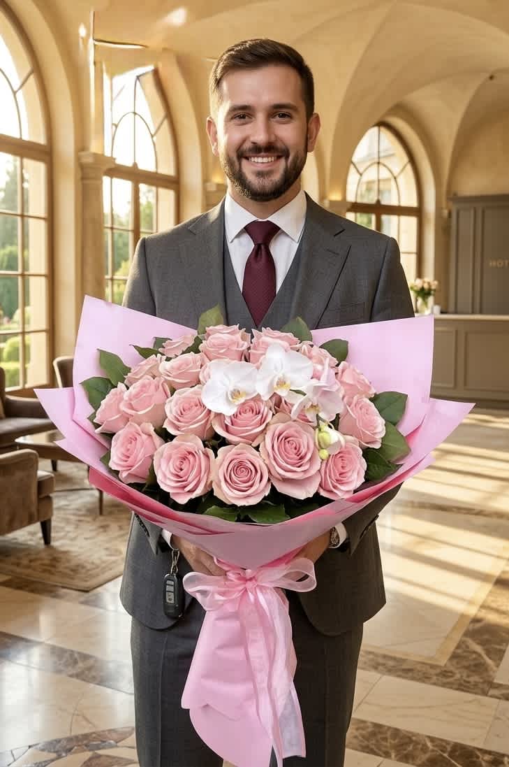 Man in a suit holding a large pink bouquet with roses and white orchids