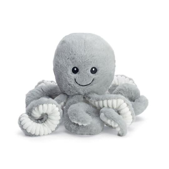 Gray plush octopus toy with curled tentacles and a smiling face