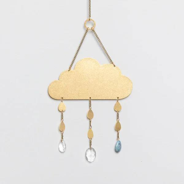 Gold metal cloud wall hanging with dangling raindrop chains and clear and blue teardrop beads
