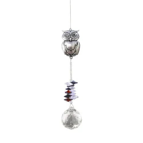 Hanging owl suncatcher with silver owl, colored beads, and clear crystal ball.