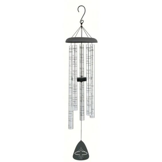 Tall silver wind chime with black top, multiple metal tubes, and a black sail with a simple line design