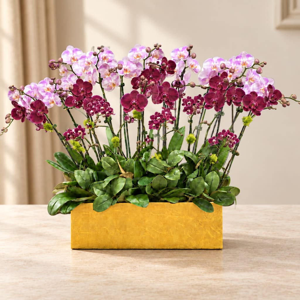 Arrangement of purple orchids in a yellow rectangular container
