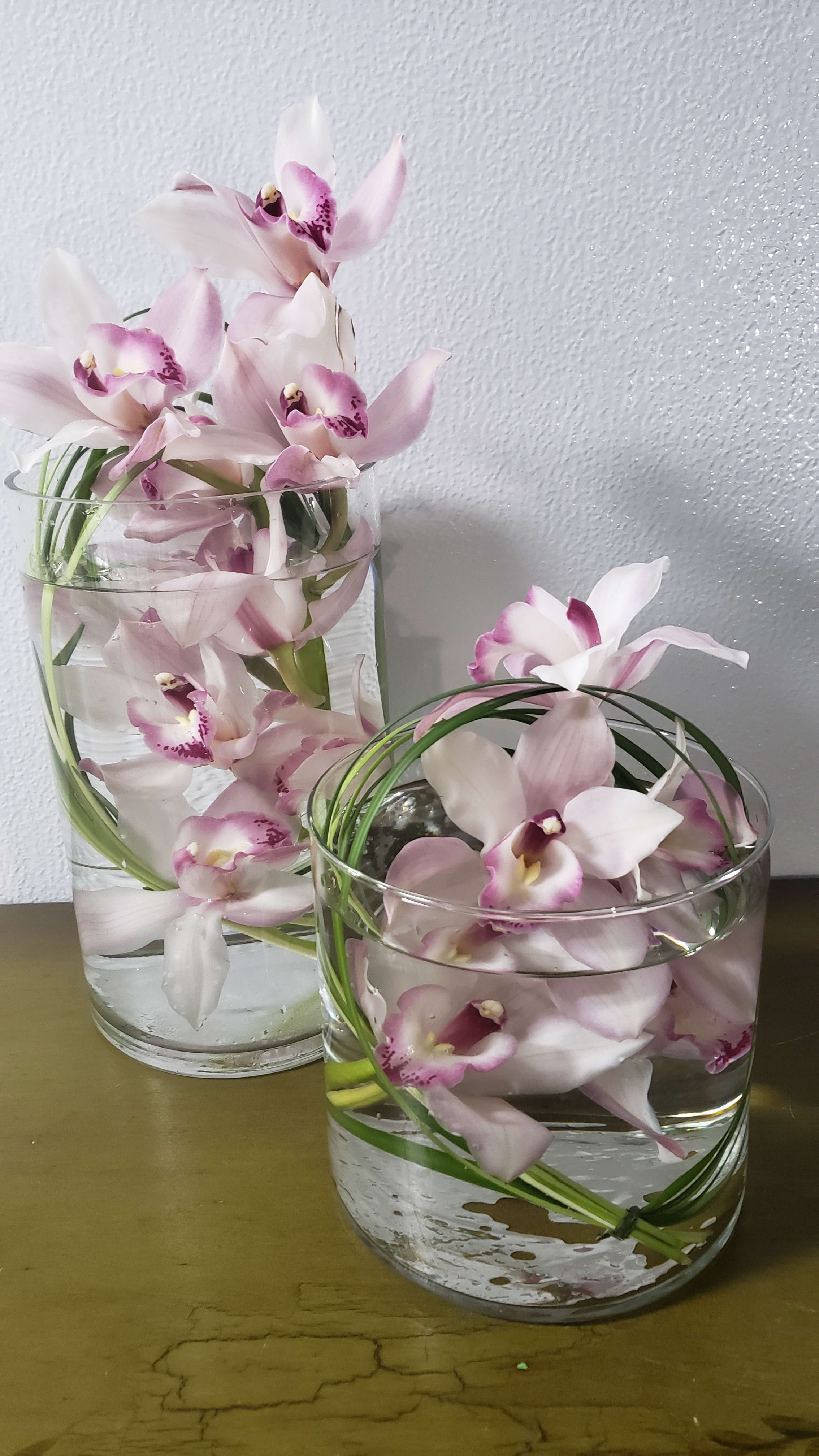 Spirited Orchids - An elegant, modern pairing of two clear glass cylinders filled with vibrant Cymbidium orchids, beautifully complemented by delicate lily grass. Refined and sculptural, this design brings instant sophistication to any space—perfect as a thoughtful gift or a striking addition to your home.  Please note: Seasonal flowers may vary based on availability, ensuring each arrangement is unique and fresh. **COLOR MAY VARY**  Freshness Guarantee: We stand behind our quality. Your flowers are guaranteed to look fresh and beautiful for 3–5 days from delivery. To help them last: •Top off the vase with clean water daily. •Keep arrangements away from direct sun, heat, and drafts. •Trim stems slightly after a couple of days if possible.
