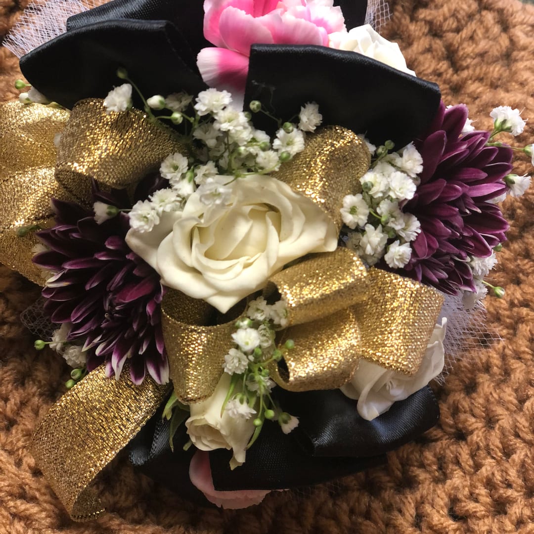 Bouquet with white roses, purple flowers, and gold ribbon