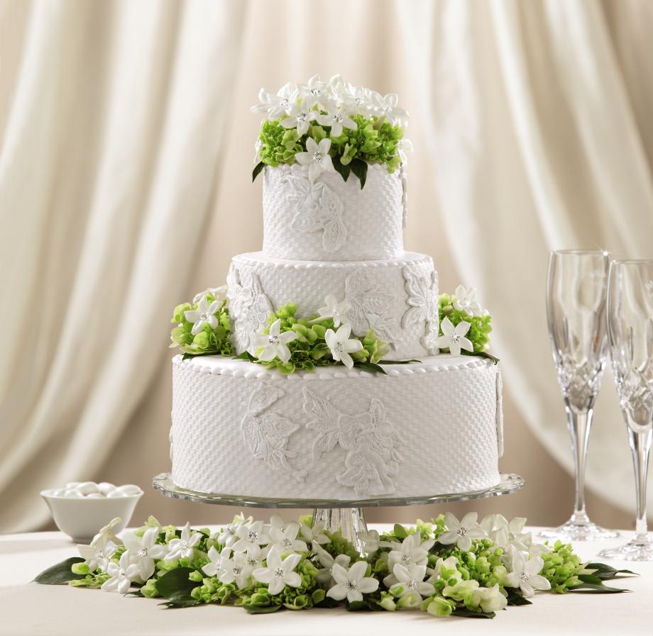 FTD Bloom &amp; Blossom Cake Decor - The FTDÂ® Bloom &amp; Blossomâ¢ Cake DÃ©cor gives your wedding cake a fresh  and lovely appeal. Green hydrangea and white stephanotis blooms are  perfectly placed upon each tear to give the cake a romantic and sweet  look. Fits cake tiers that have a 4-inch, 6-inch, and 10-inch diameter.  Approx. 17âH x 18âW.  