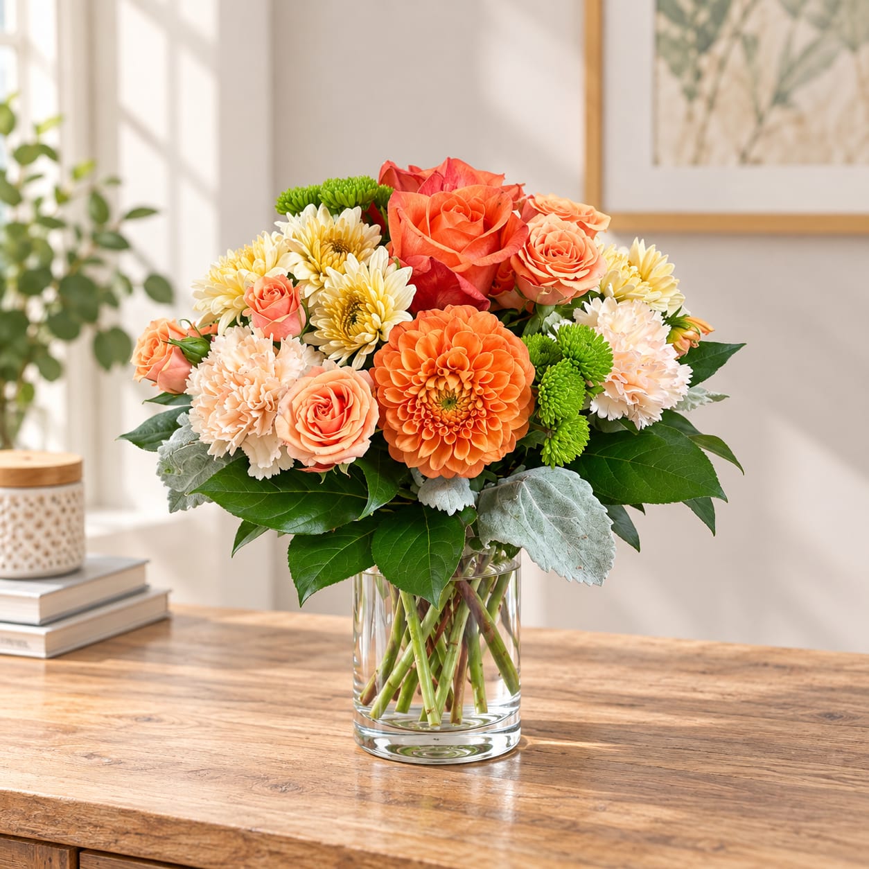Bouquet of orange and peach flowers in a clear glass vase