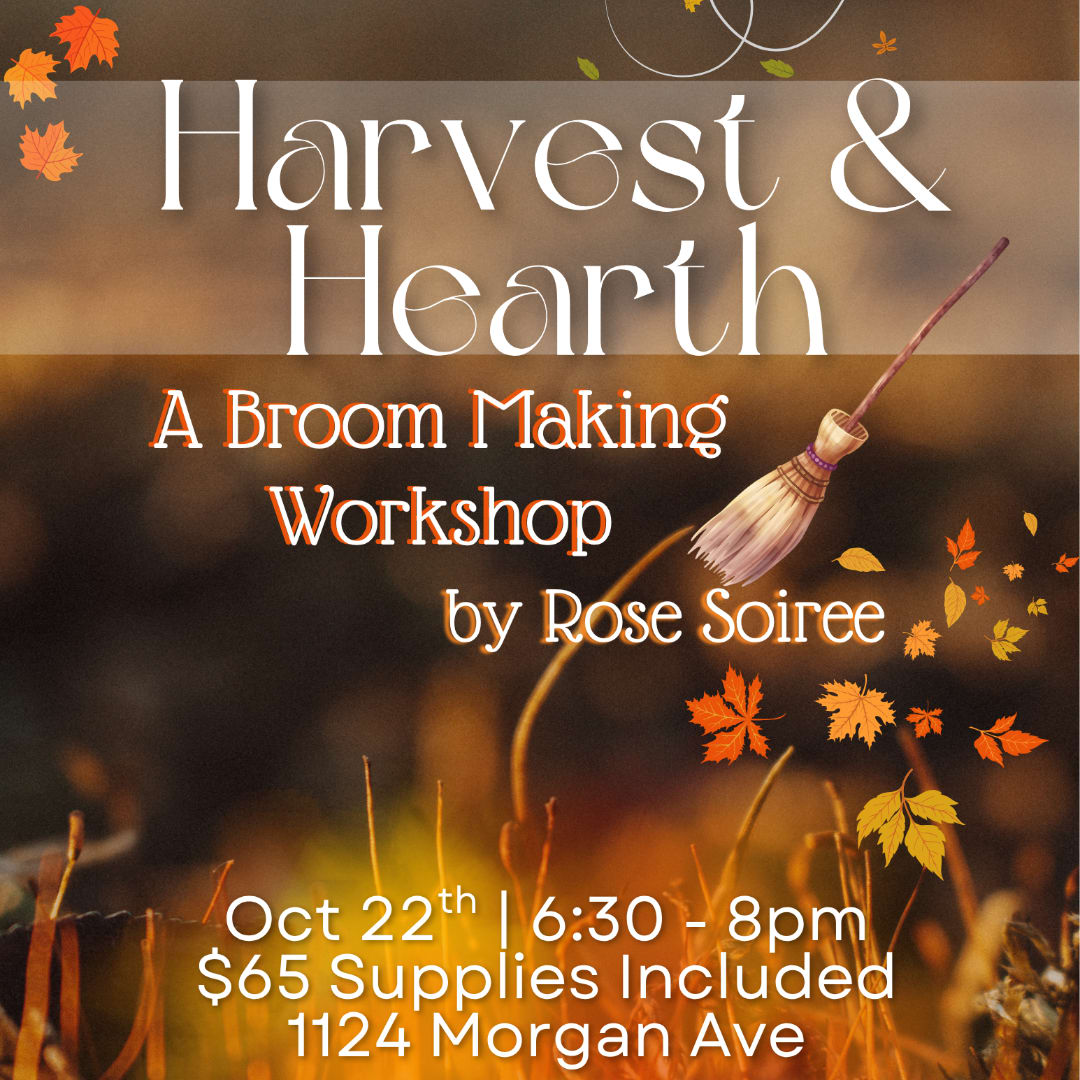 Poster for a broom making workshop with autumn leaves and a broom illustration