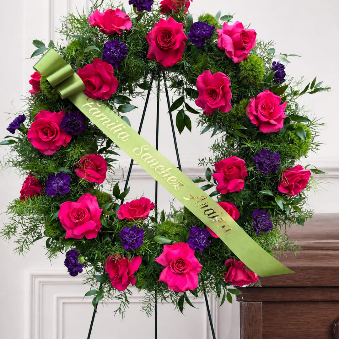 Wreath - Flexed Hot Pink &amp; Rose &amp; Purple Carnations - Stunning lime green base with flexed roses. Iconic. 