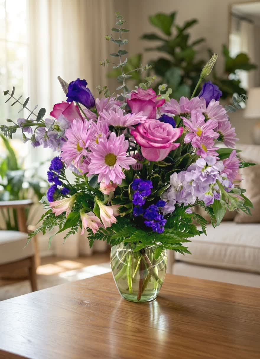 Breezy Lavender (DB) - Introducing "Breezy Lavender", a breathtakingly beautiful flower arrangement that is sure to bring tranquility and calmness to your space. This stunning bouquet is composed of delicate lavender and white roses, accompanied by purple stock, purple alstroemeria, and expertly arranged with greens and filler in a clear glass vase.