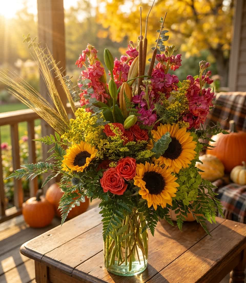 Autumn Splendor (DB) - Golden sunflowers and deep red roses create a warm, celebratory first impression in this autumn-inspired flower arrangement-perfect as a birthday bouquet, a housewarming gift, or a thoughtful "just because" surprise. Tall lily buds and clusters of soft pink blooms lift the composition so the person you're sending it to feels genuinely noticed; airy dried wheat and cattail-like accents add harvest-season texture without making the design feel fussy.  