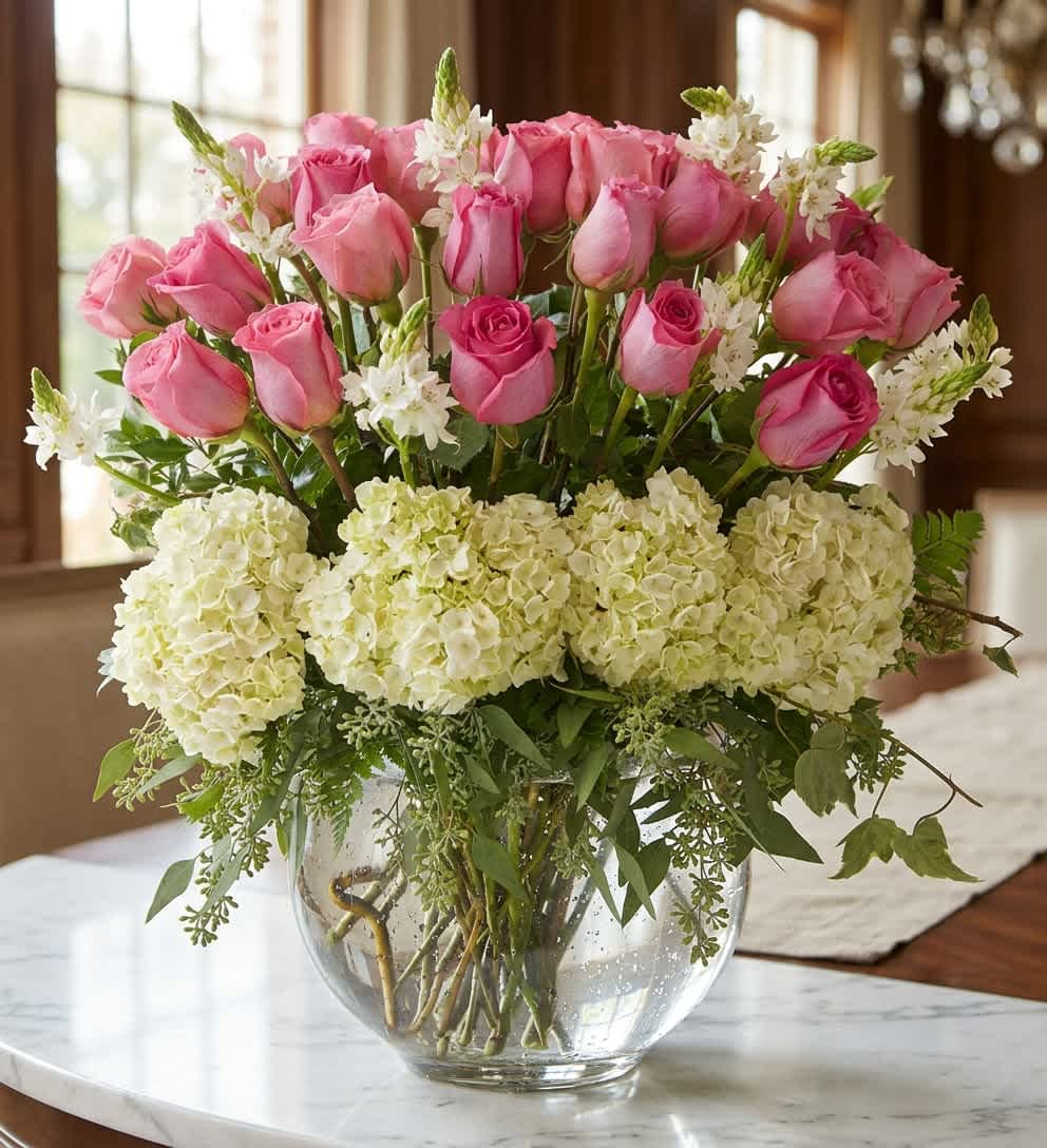Enduring Devotion (DB) - The design features two dozen beautiful pink Roses surrounded by white Hydrangeas and other seasonal flowers expertly arranged in a clear glass cube or bubble bowl. This elegant design makes a stunning arrangement for any occasion.  Approx 24"- 30" H