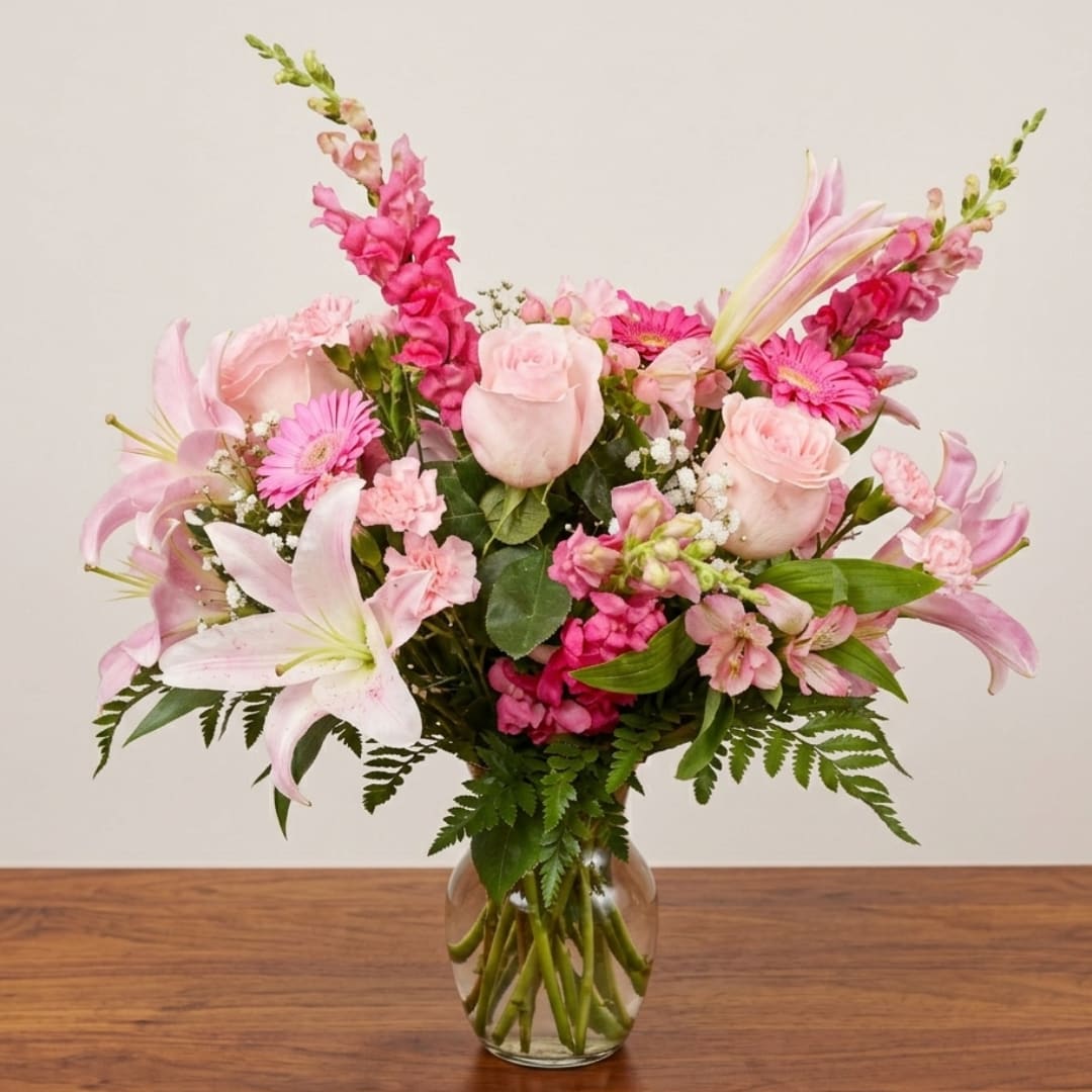 Pink lilies, roses, and gerbera daisies in a clear glass vase