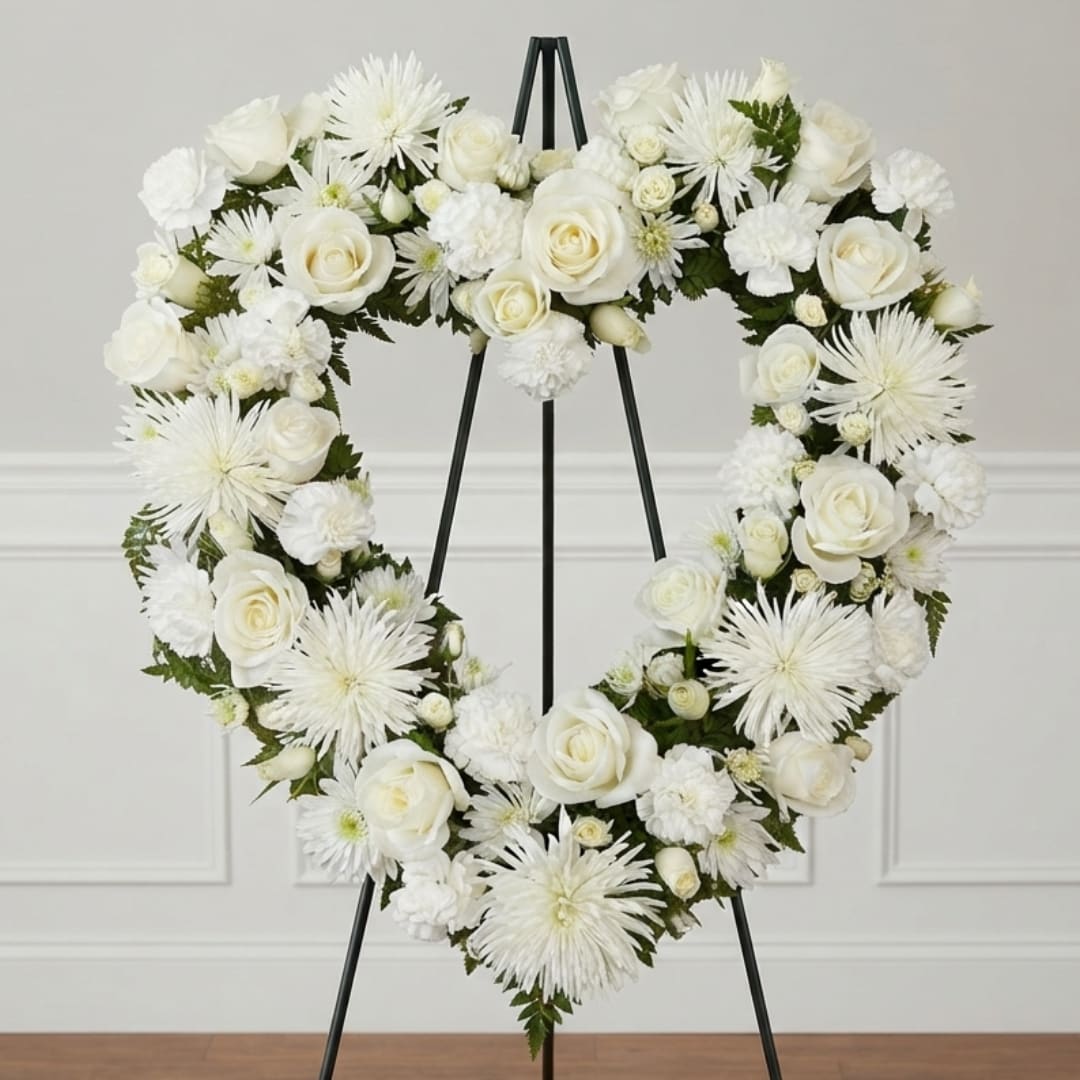 Heart-shaped white floral wreath on a black stand