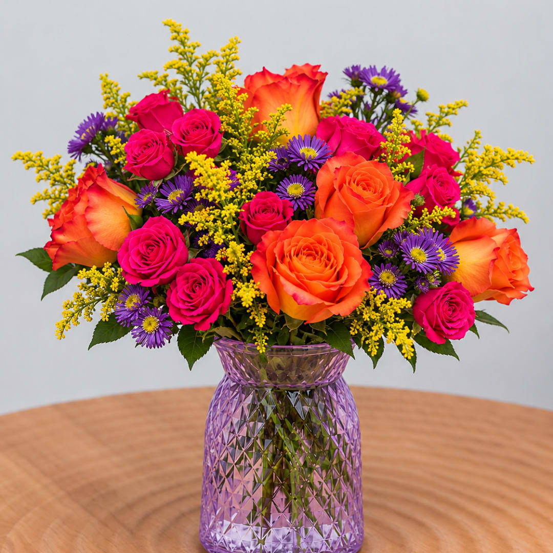 Bouquet of orange and pink roses with purple daisies in a purple vase