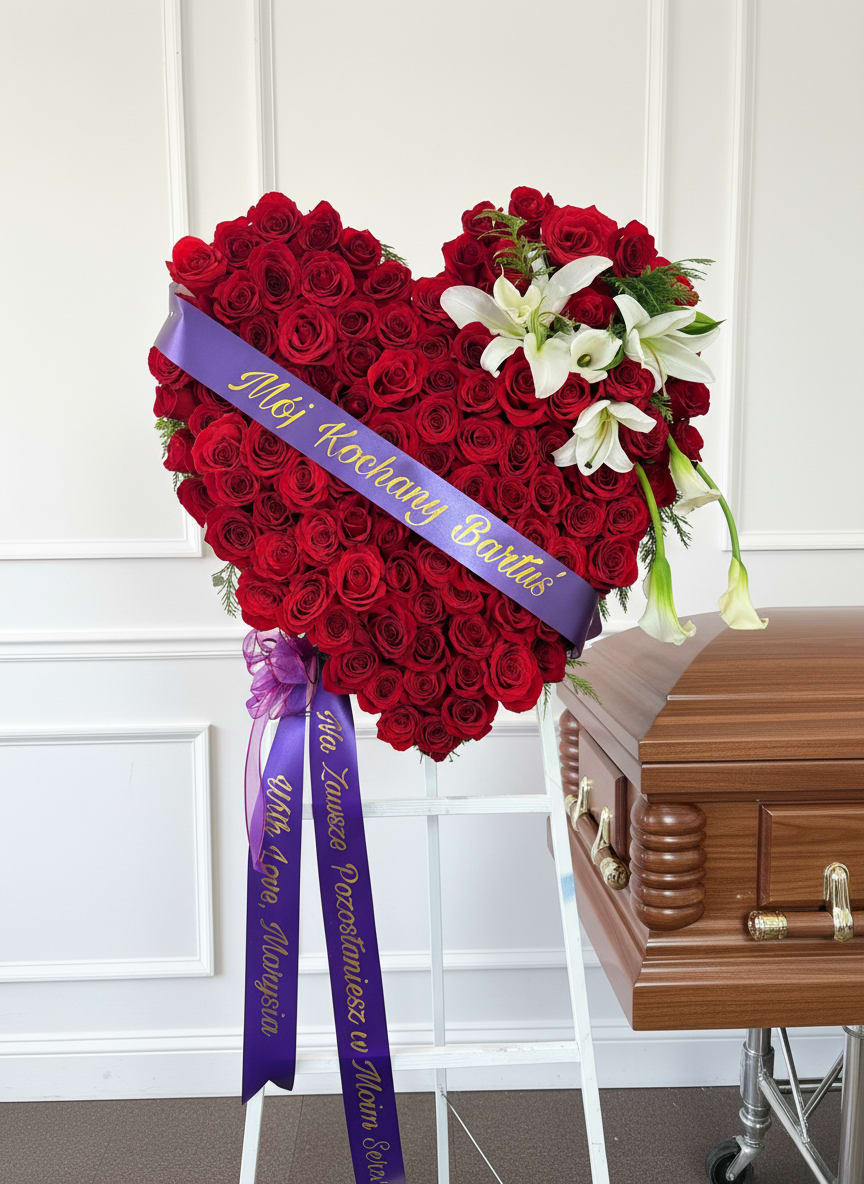 Heart-shaped red rose funeral spray with white lilies and purple ribbons