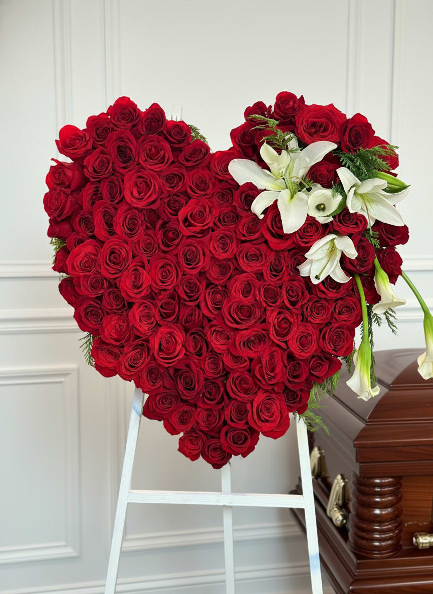 Heart-shaped arrangement of red roses with white lilies on a stand