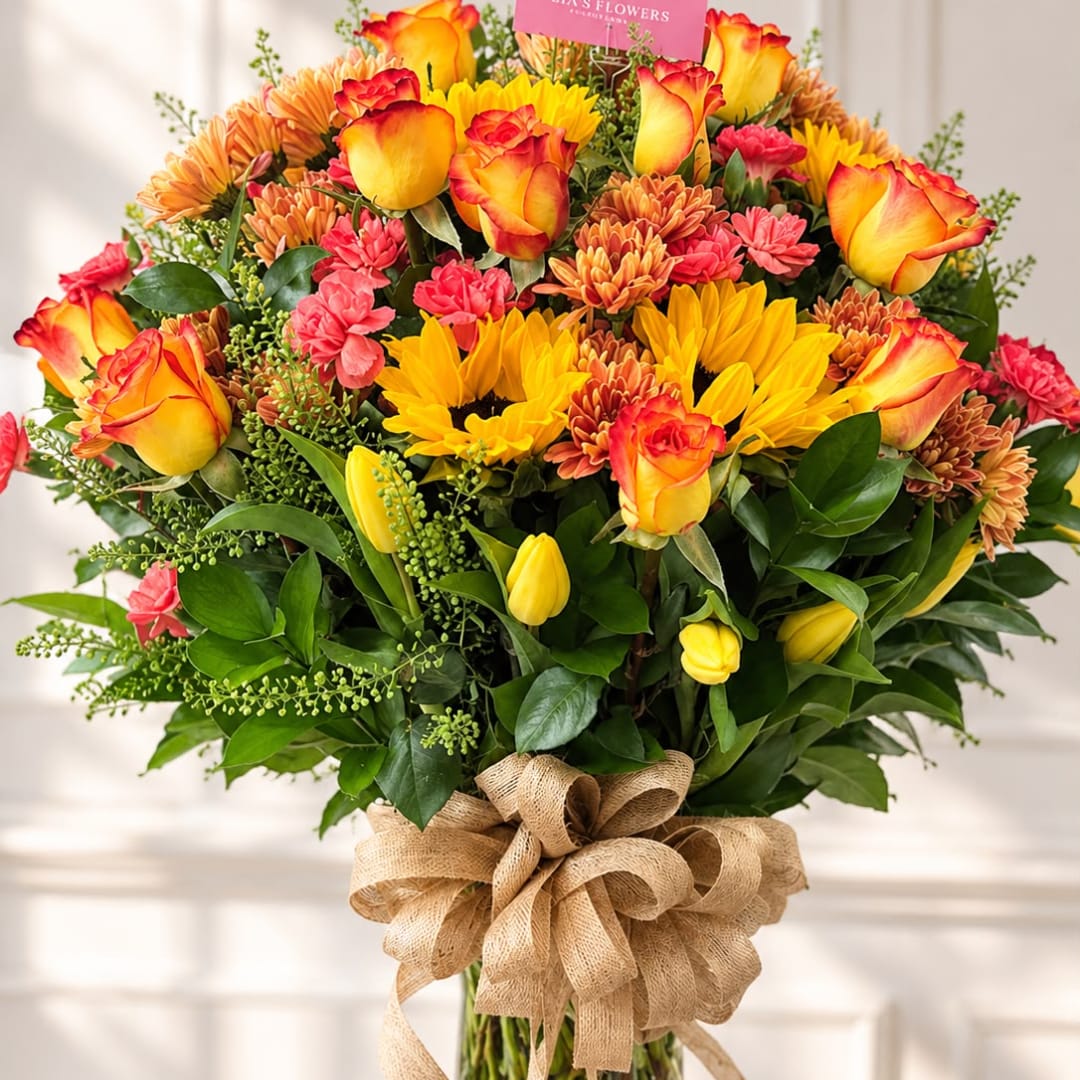 Bouquet of yellow-orange roses, sunflowers, and pink chrysanthemums tied with burlap ribbon