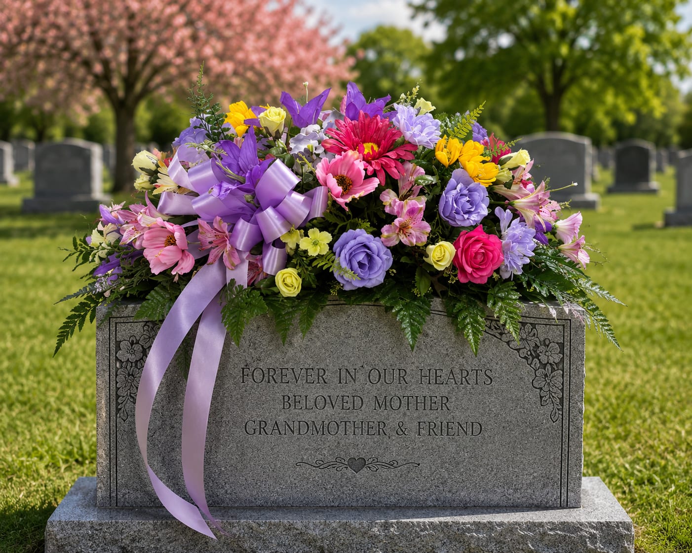 Roses and Rib Memorial Spray - Soft, colorful, and filled with graceful garden beauty, our Roses &amp; Ribbon cemetery saddle is designed to honor cherished memories with warmth, elegance, and love. Featuring roses, seasonal blooms, lush greenery, and a flowing lavender ribbon accent, this garden-inspired memorial arrangement creates a beautiful tribute for cemetery visits, anniversaries, birthdays in heaven, memorial services, and everyday remembrance.  Designed in soft shades of lavender, pink, yellow, peach, and white, this floral saddle offers a comforting, uplifting appearance while maintaining a timeless sympathy style appropriate for upright monuments and headstones. The flowing ribbon detail adds movement and softness, creating a peaceful arrangement that stands out beautifully in cemetery settings.  Perfect for families searching for colorful cemetery flowers, garden-style memorial arrangements, sympathy saddles, elegant grave decorations, and floral cemetery tributes near Greensburg, Batesville, Shelbyville, Rushville, North Vernon, Hope, Sunman, Westport, and surrounding Southeast Indiana communities.  Each arrangement is professionally handcrafted by Aspen Tower Florist in Greensburg, Indiana using quality flowers selected for fullness, texture, and beauty. Flowers and colors may vary based on availability. Overall style, color palette, and feel will remain similar.