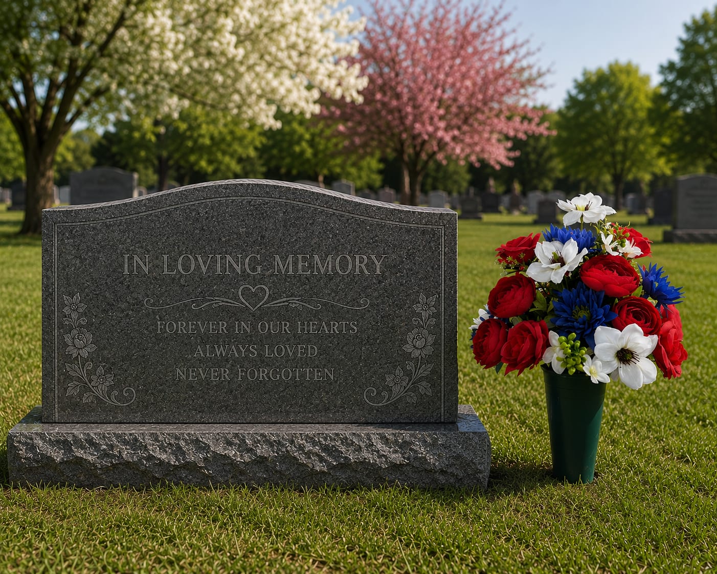 American Hero Memorial Arrangement - Honor a life, service, and memory with our patriotic memorial arrangements from Aspen Tower Florist in Greensburg, Indiana. Designed in classic red, white, and blue flowers, these all-around memorial tributes are perfect for veterans, military families, Memorial Day, Fourth of July, cemetery visits, anniversaries, birthdays in heaven, and everyday remembrance.  Each patriotic memorial arrangement features an approximately 14” all-around floral design created in a durable green memorial container for beautiful viewing from multiple angles. The deluxe version includes a 6” American flag for an added patriotic tribute honoring military service, first responders, and loved ones remembered with pride and respect.  Designed with bold patriotic colors, seasonal flowers, and lush greenery, these arrangements offer a respectful and heartfelt presentation appropriate for cemetery visits, memorial displays, graveside tributes, and remembrance settings. Perfect for families searching for patriotic memorial flowers, veterans grave arrangements, military remembrance flowers, red white and blue sympathy flowers, and memorial tributes near Greensburg, Batesville, Shelbyville, Rushville, North Vernon, Hope, Sunman, Westport, and surrounding Southeast Indiana communities.  Flowers and shades may vary based on seasonal availability. Overall patriotic style, color palette, and feel will remain similar.