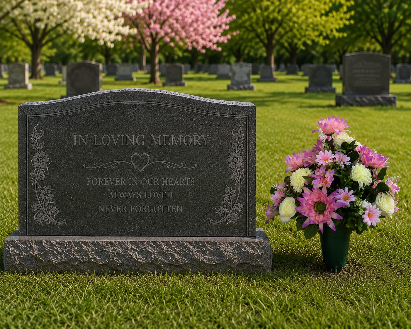 Forever Cherished Memorial Arrangement - Honor a cherished memory with our Forever Cherished Cemetery Can Arrangement. Designed for placement at the cemetery, mausoleum, memorial garden, or gravesite, this silk floral tribute provides lasting beauty and remembrance throughout the seasons. Featuring realistic permanent flowers in soft pink and white tones, this arrangement offers a graceful way to celebrate the life of someone deeply loved and never forgotten.  Unlike fresh flowers, silk cemetery arrangements provide long-lasting color and beauty with minimal maintenance, making them a thoughtful choice for families who wish to keep a loved one’s resting place looking beautiful between visits. Carefully designed for outdoor display, this arrangement is created in a cemetery can for easy placement at the gravesite.  Each design is handcrafted by Aspen Tower Florist and may vary slightly based on flower availability while maintaining the overall style, color palette, and value shown. Suitable for memorial occasions, anniversaries of remembrance, holidays, birthdays, Mother’s Day, Father’s Day, or simply to let someone know their loved one is still remembered.  The Forever Cherished Cemetery Can Arrangement serves as a beautiful expression of love, remembrance, and respect—a lasting tribute to a life that continues to live on in the hearts of family and friends.