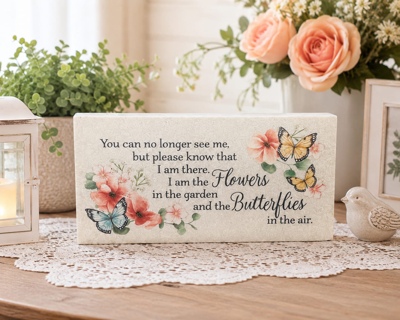 I Am There Stone Plaque - I Am There Plaque features a touching message surrounded by delicate flowers and butterflies, offering a lasting reminder of love, memories, and the bonds that continue long after someone is gone. Crafted from substantial stone and finished with a coordinating ribbon, this keepsake is designed to bring comfort and reflection to the home.  Beautiful on a mantel, bookshelf, memorial shelf, entry table, sunroom, or garden room, the plaque’s floral artwork and butterfly accents symbolize renewal, remembrance, and enduring connection. Its timeless design complements a variety of decorating styles while providing a meaningful tribute that can be displayed year-round.  A thoughtful gift for family members, friends, and loved ones, the I Am There Plaque offers comfort during times of loss and remembrance. Whether given in memory of a parent, grandparent, spouse, child, sibling, friend, or cherished loved one, its heartfelt message serves as a gentle reminder that love remains present in the memories, signs, and moments we continue to carry with us.  Finished with a coordinating ribbon and delivered ready to display, this substantial stone plaque provides a lasting expression of remembrance, comfort, and love that can be treasured for years to come.
