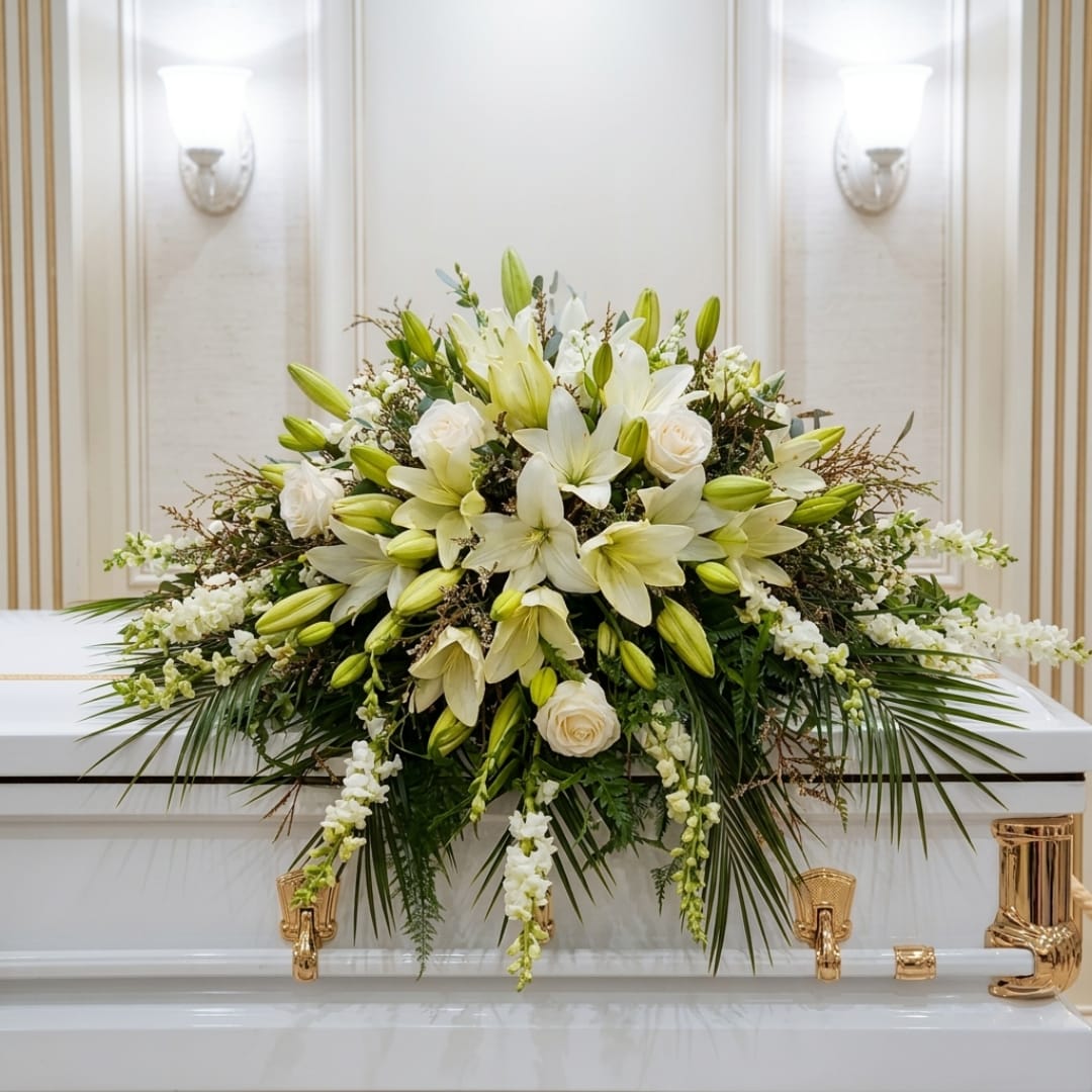 White floral casket spray with lilies and roses