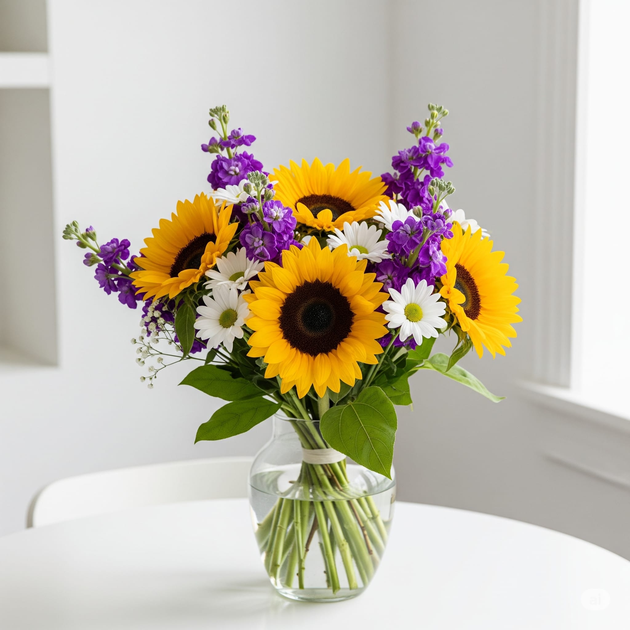 Sunflowers, white daisies, and purple flowers in a clear glass vase