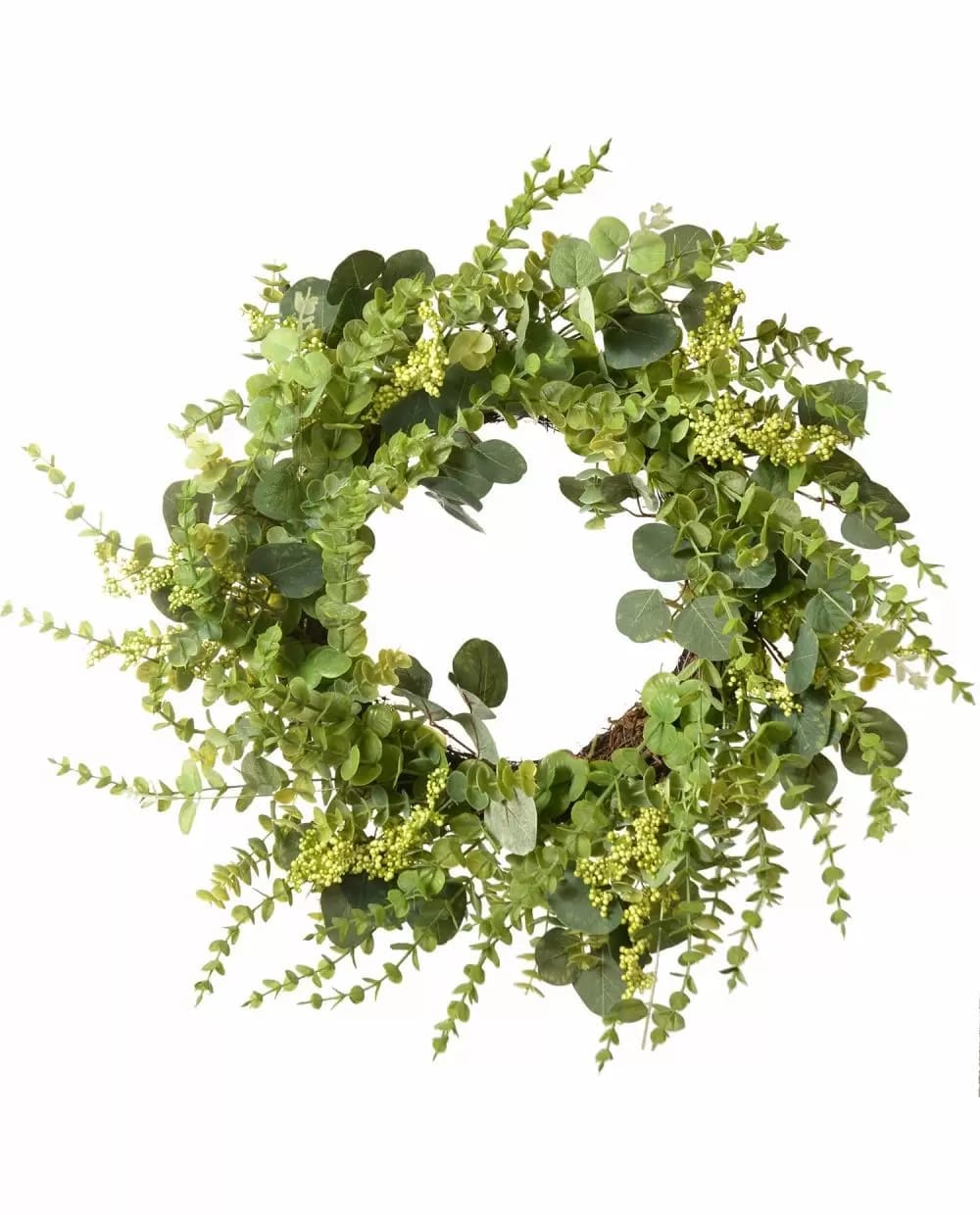 Circular wreath of mixed green foliage on a white background