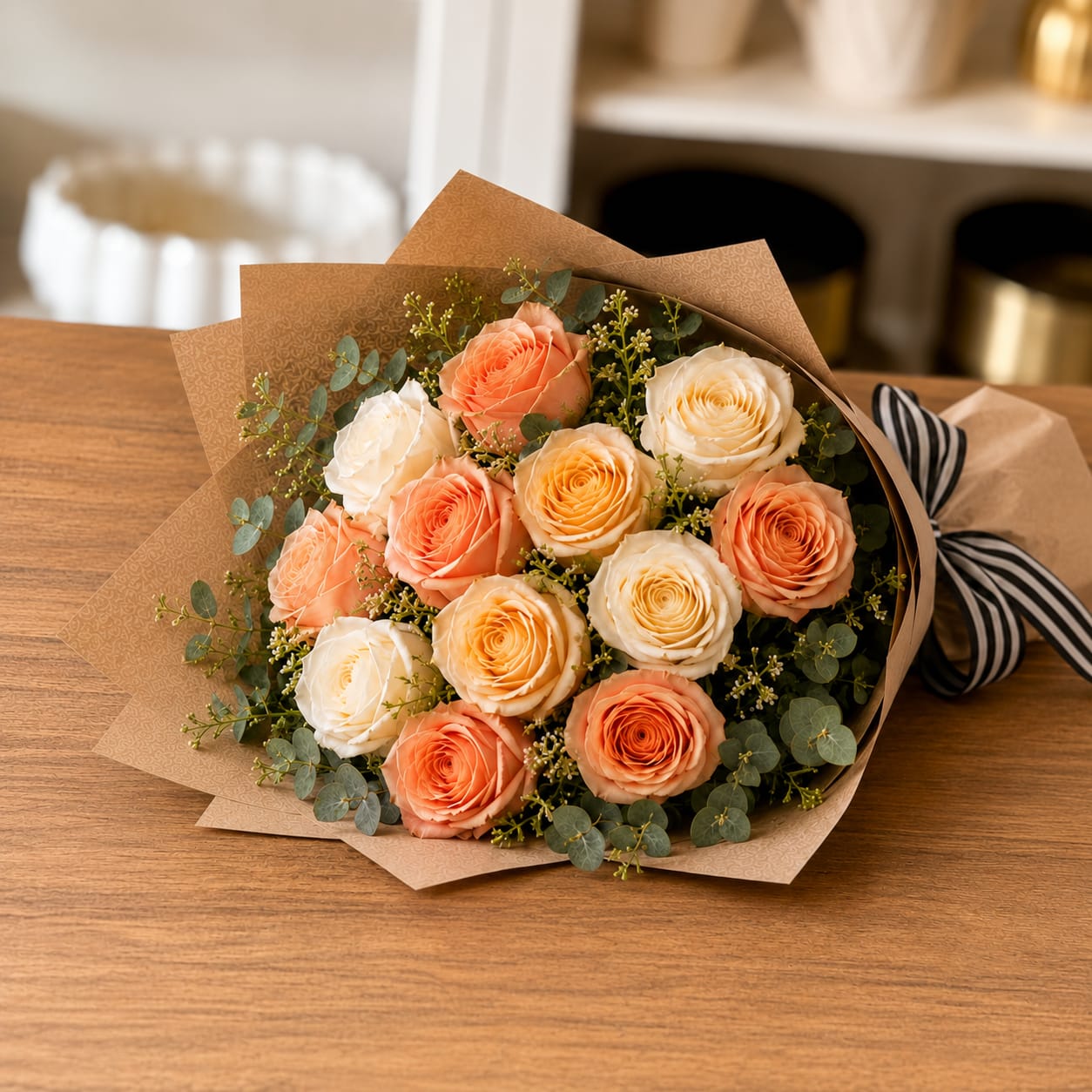 Peaches and Cream – Peach &amp; Ivory Rose Bouquet (Same-Day Flower Delivery Los Angeles) - Soft, romantic, and effortlessly elegant, the Peaches and Cream Rose Bouquet features a stunning blend of premium peach and creamy ivory roses designed in a modern hand-tied style with fresh eucalyptus accents. Wrapped beautifully in luxe kraft paper, this bouquet brings warm California charm and timeless beauty to every occasion.  Perfect for birthdays, anniversaries, thank you gifts, celebrations, get well wishes, or simply making someone smile, this rose bouquet offers a fresh garden-inspired look with soft pastel tones that feel both luxurious and inviting.  Handcrafted fresh by our florists and available for same-day flower delivery in Los Angeles, including Glendale, Pasadena, Burbank, Eagle Rock, Los Feliz, and surrounding areas.  Perfect For: • Celebration Flowers • Anniversary Bouquets • Romantic Gifts • Thank You Flowers • Get Well Flowers • Everyday Flower Delivery  Design Details: • Premium peach roses • Cream ivory roses • Fresh eucalyptus greenery • Elegant hand-tied wrapping • Soft romantic color palette  Note: Flower shades and accent greenery may vary slightly based on seasonal availability while maintaining the overall color palette and design style.