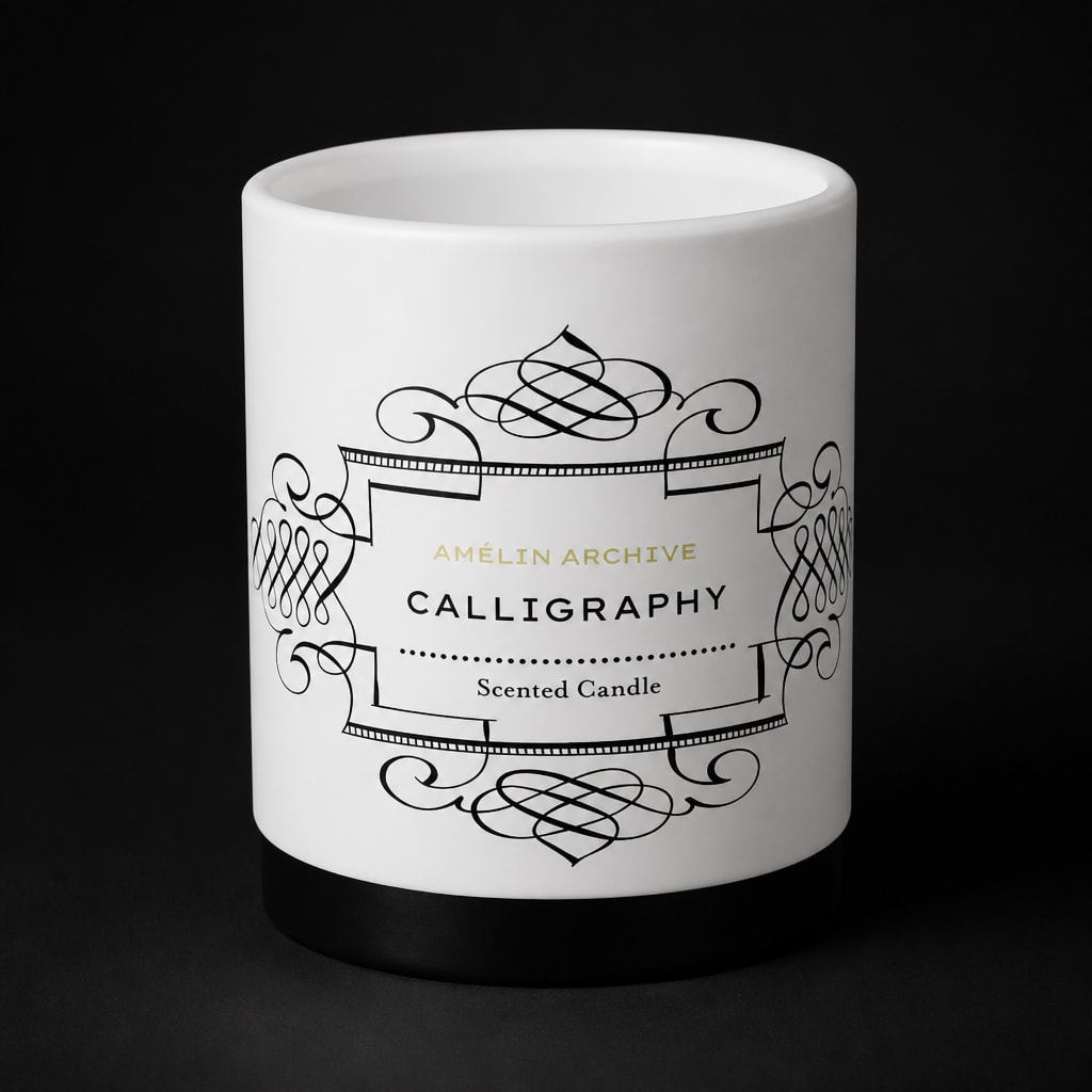 White scented candle in a black-and-white decorative jar