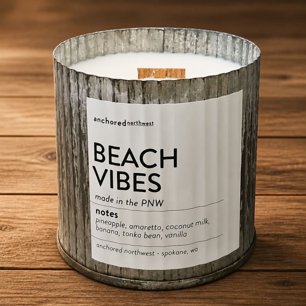 A beach vibes candle in a rustic metal container on a wooden surface