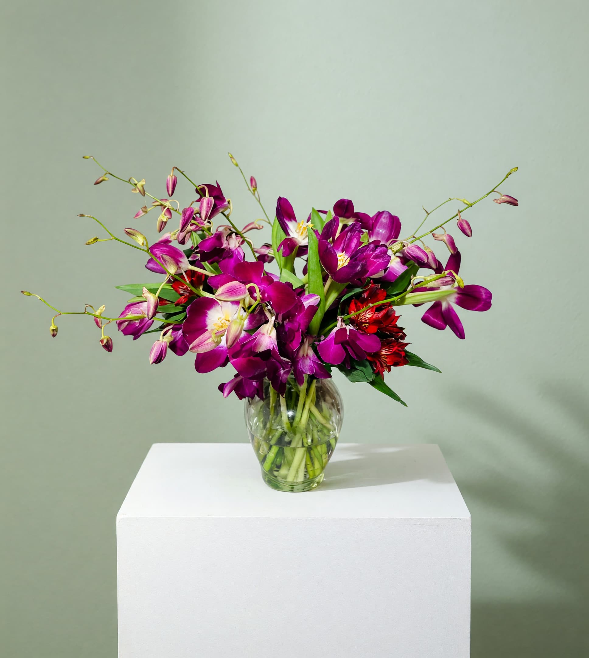 Purple and red flowers arranged in a clear glass vase