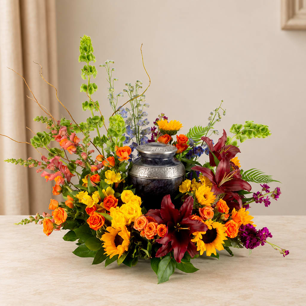 Colorful floral arrangement around a dark urn vase
