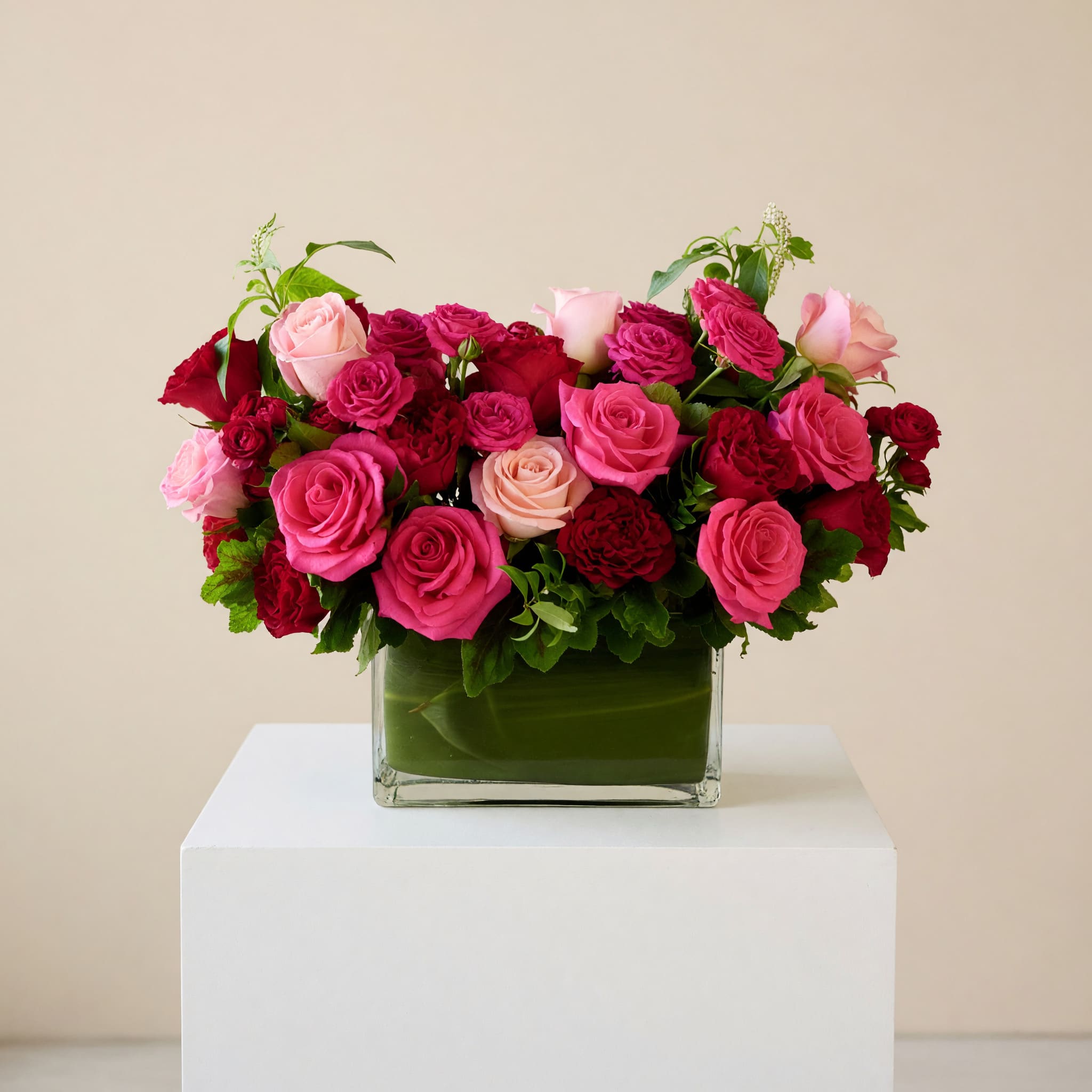 Pink and red roses arranged in a square glass vase