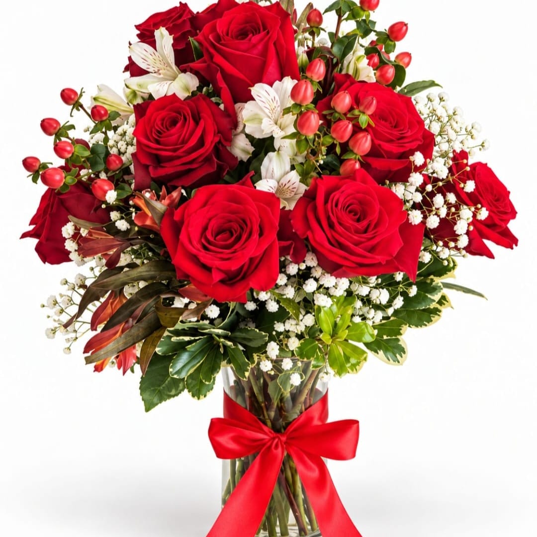 Bouquet of red roses and white flowers in a glass vase with a red ribbon