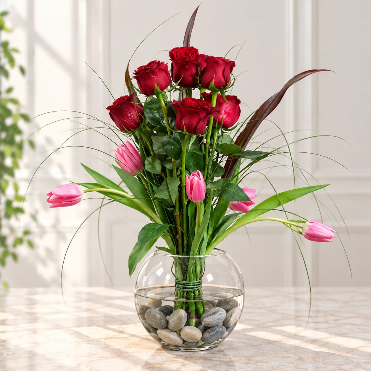Red roses and pink tulips in a round glass vase with stones