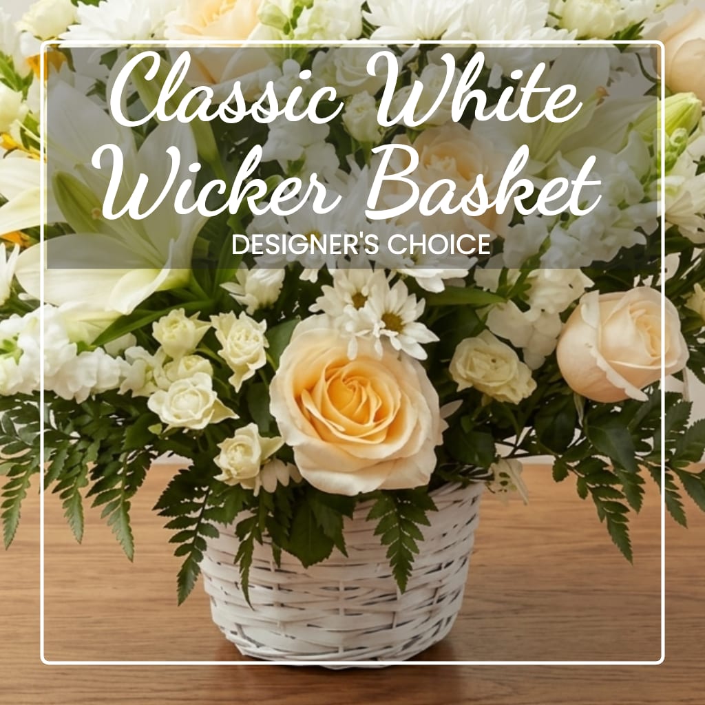 White and cream flower basket in a wicker container