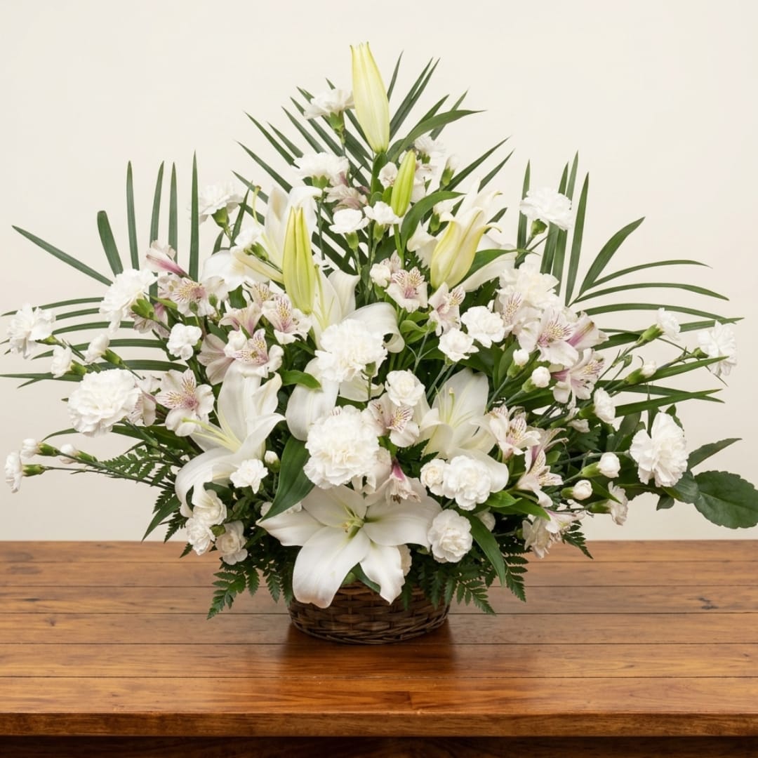 White lilies and carnations arranged in a wicker basket