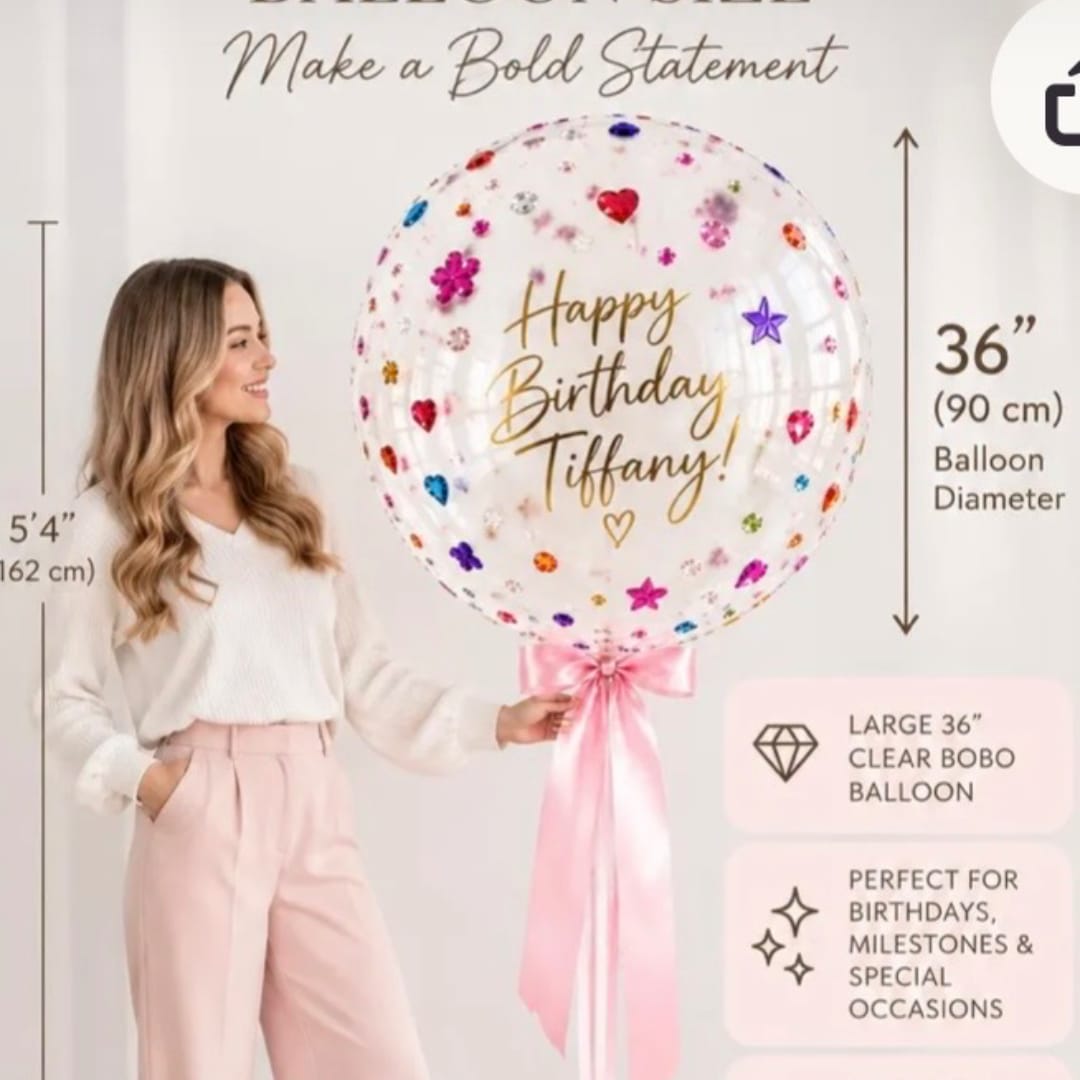 Clear birthday balloon with colorful confetti and pink ribbon