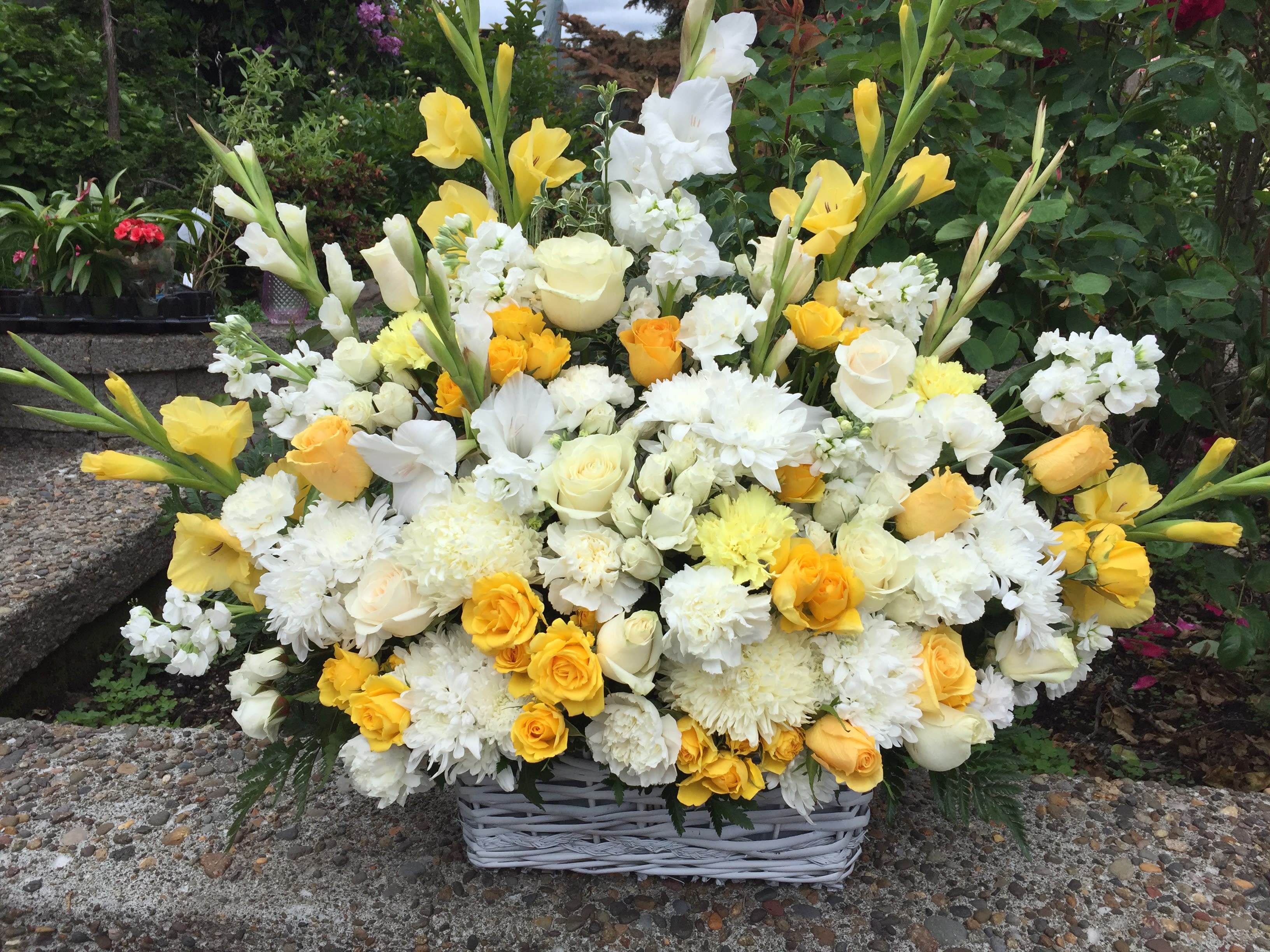 SO PEACEFUL - LARGE FLOOR CONTAINER OF WHITE GLAFS, SPIDER MUNS, WHITE ROSES YELLOW ROSES, WHITE LILLIES AND YELLOW AND WHITE SPRAY ROSES APPROX   3 6" ACROSS AND 30' TALL