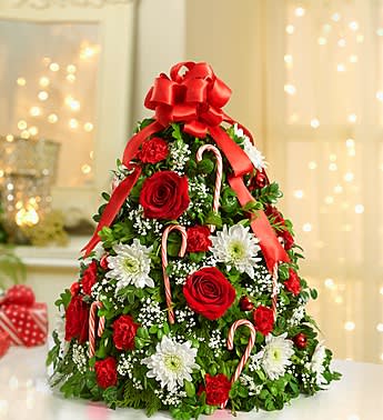 Holiday Flower Tree - Product ID: 90285  EXCLUSIVE Youâve never seen a Christmas tree quite like this! Truly original in every way, our bestselling holiday arrangement is hand-designed with fragrant mixed greens, roses, mini carnations and cushion poms, then trimmed with ornaments, candy canes and a merry red bow on top. This fresh floral twist on a traditional tree makes a great gift for family &amp; friendsâand it just might become your new favorite part of the holiday dÃ©cor! Tree-shaped arrangement of fresh and fragrant mixed greens, roses, miniature carnations and cushion poms, artistically designed by our expert florists Features red ornament balls, candy canes and a vibrant red bow topper A unique alternative for apartments, dorms or any small space Large arrangement measures approximately 22"H x 14"L Medium arrangement measures approximately 21"H x 13"L Small arrangement does not include roses and measures approximately 19"H x 12"L Our florists select the freshest flowers available, so colors and varieties may vary due to local availability