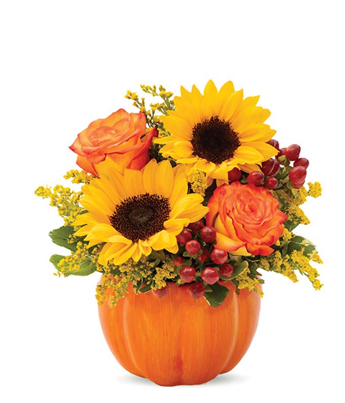 Sunny Pumpkin - Most adorable festive smile you can send someone. Brighten someone's day with Fictitious Flowers Sunny Pumpkin.