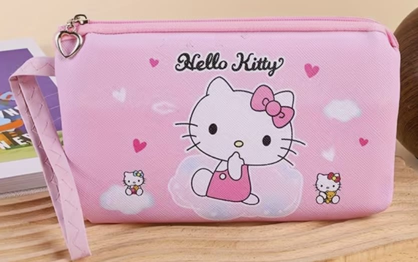 Pink Hello Kitty zip pouch with a wrist strap