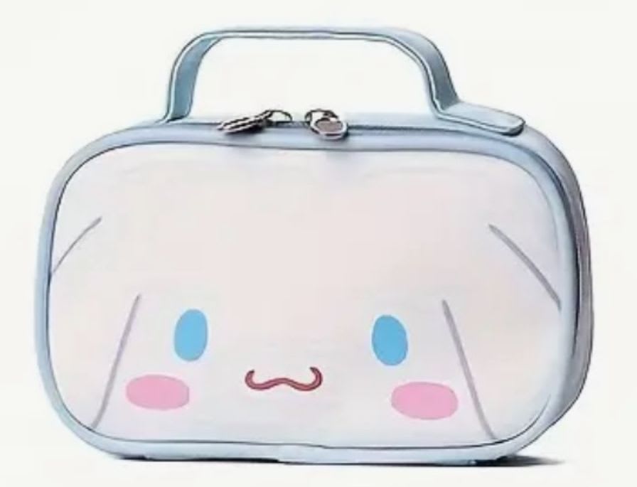 Cute white zippered pouch with a cartoon face and blue handle