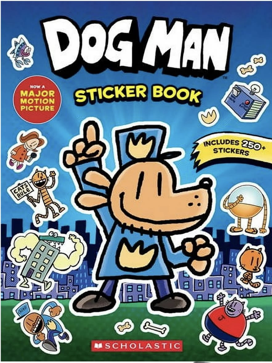 Dog Man sticker book cover with cartoon characters on a blue background