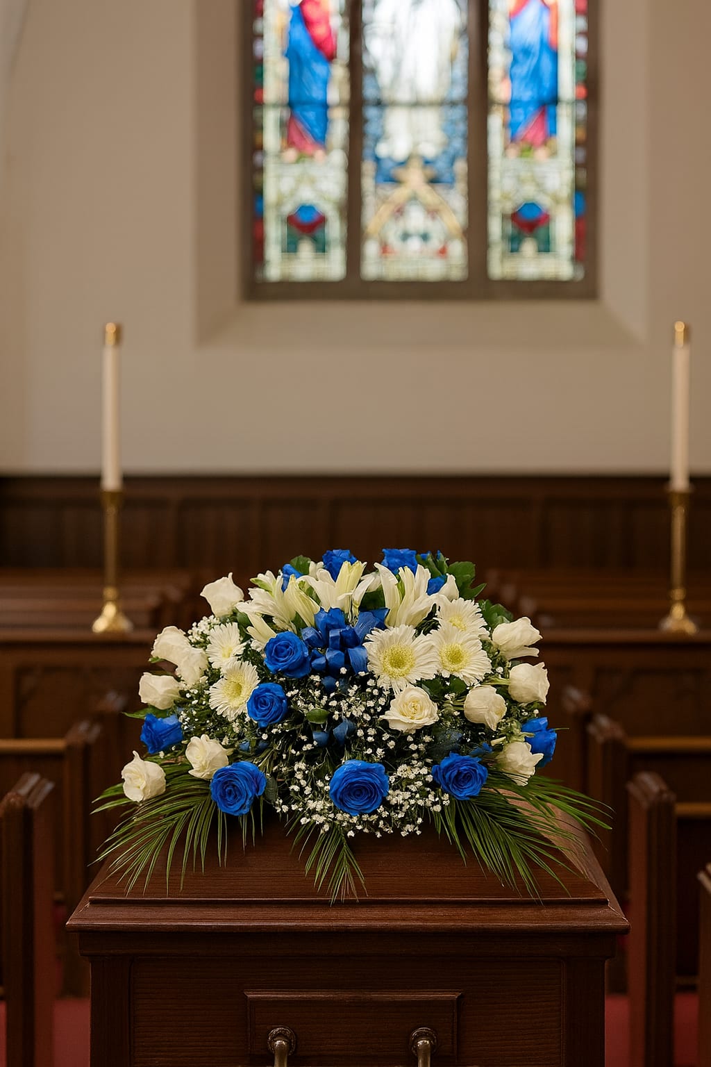 Blue and white floral spray on a wooden casket in a church